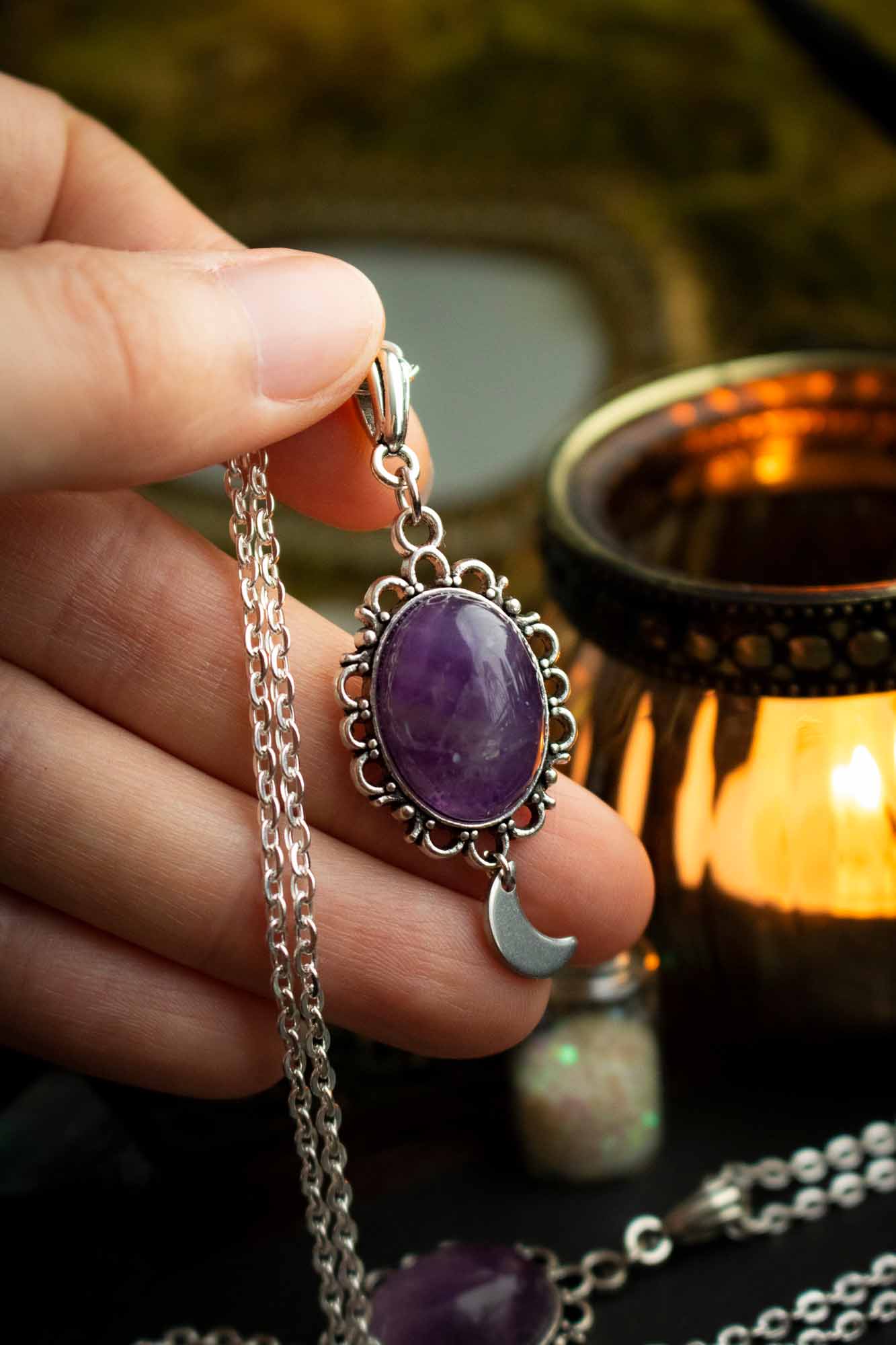Pendentif ancien lune et améthyste - lunamanashop