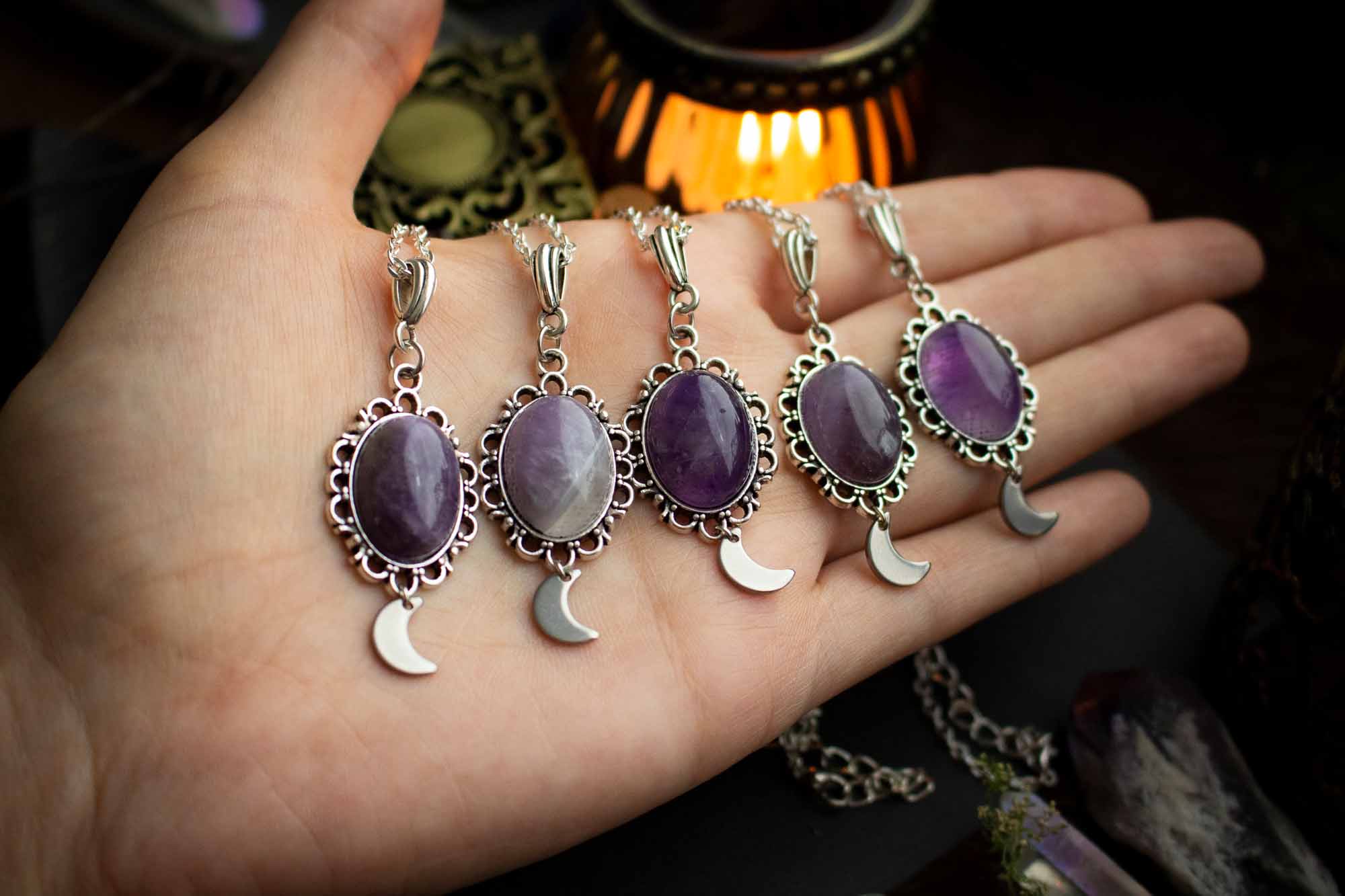 Pendentif ancien lune et améthyste - lunamanashop