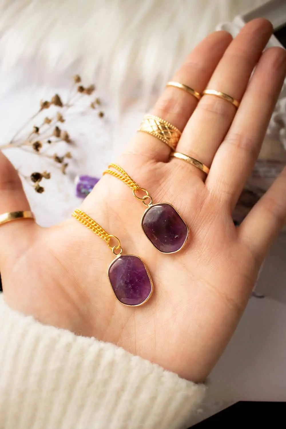 Pendentif Améthyste Mystise et chaîne laiton doré lunamanashop