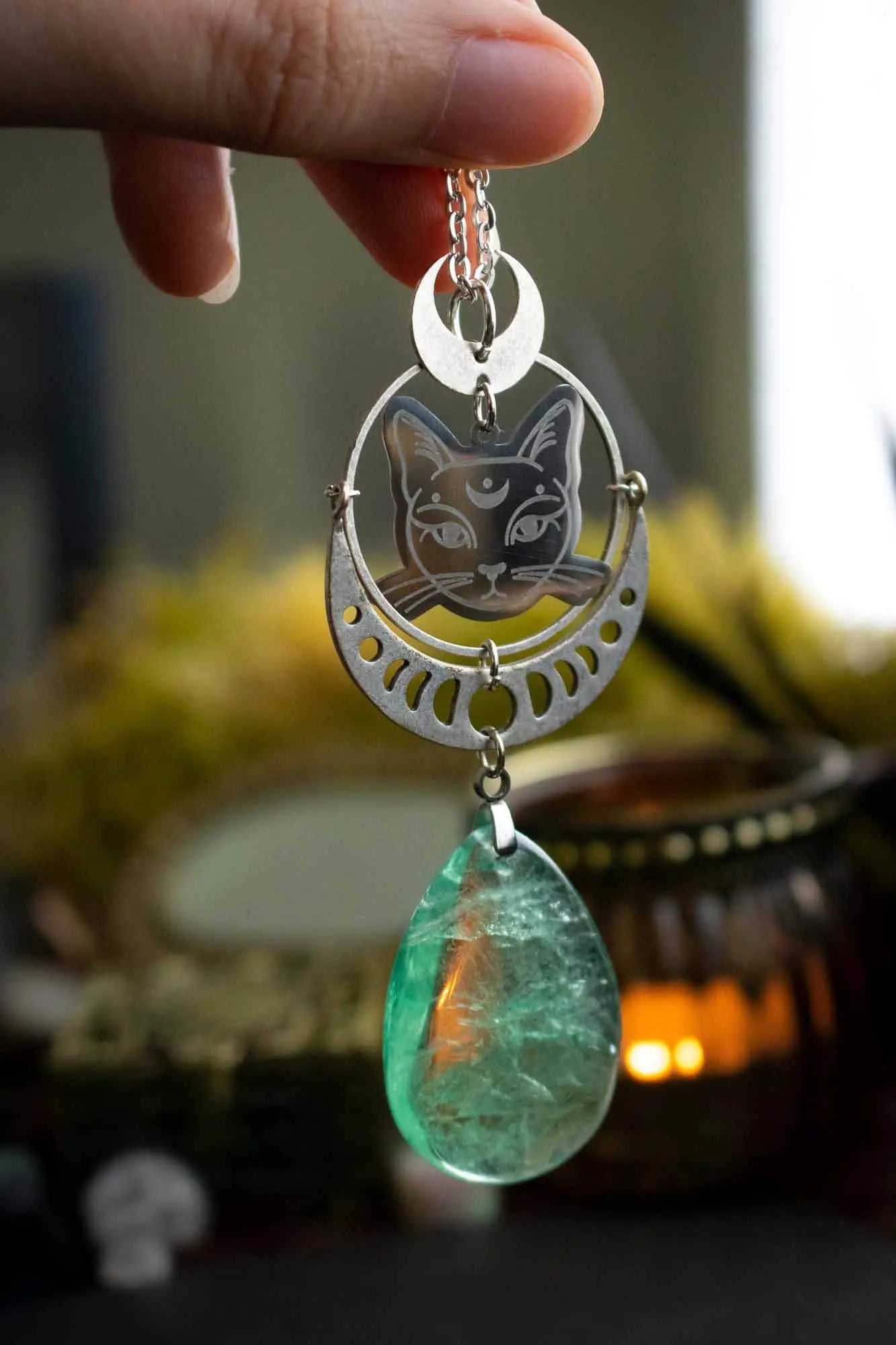 Pendentif Félin et goutte en Fluorite verte lunamanashop
