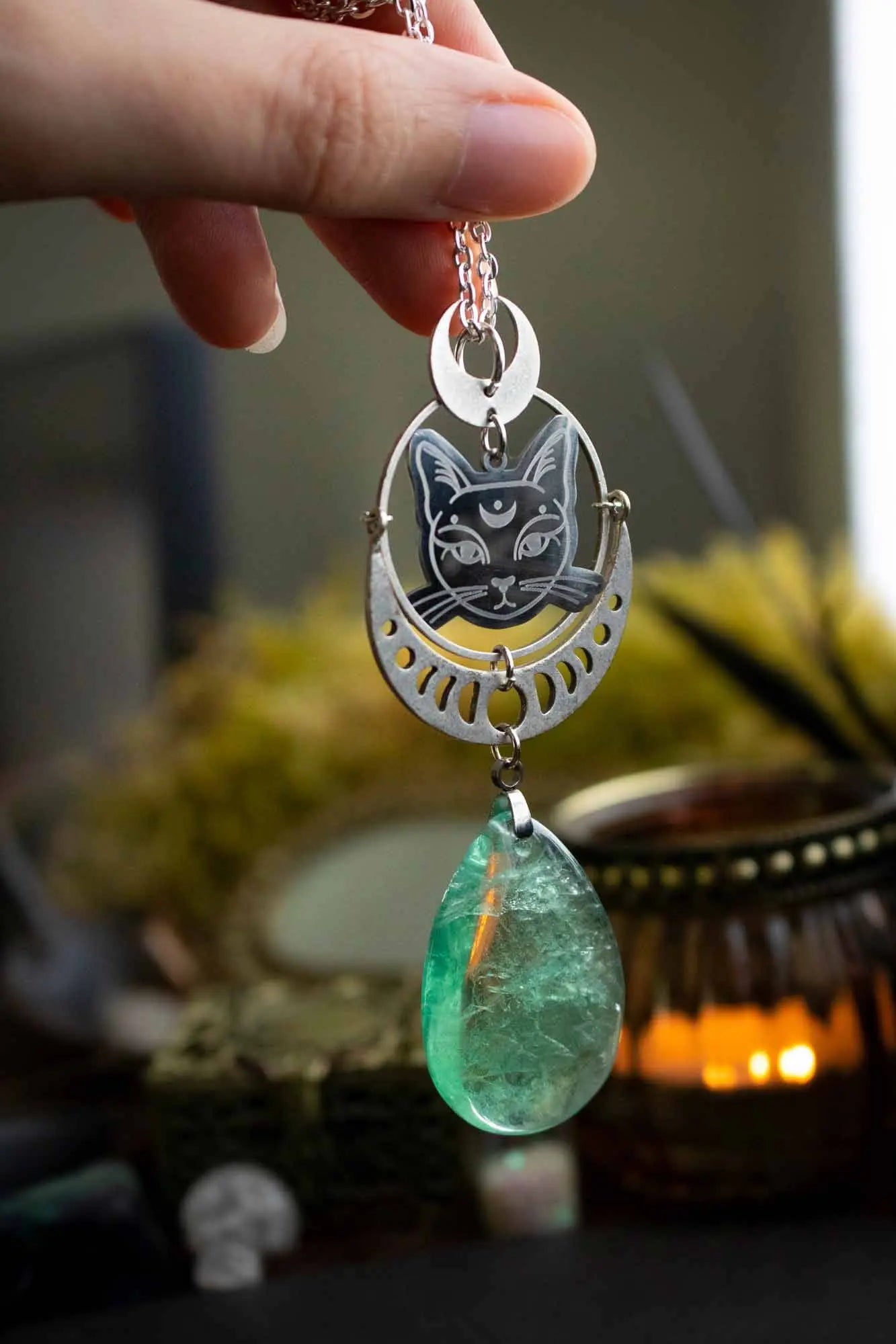Pendentif Félin et goutte en Fluorite verte lunamanashop