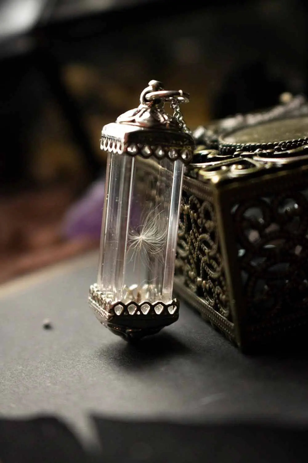 Pendentif Fiole de Skye en verre avec aigrette de pissenlit lunamanashop