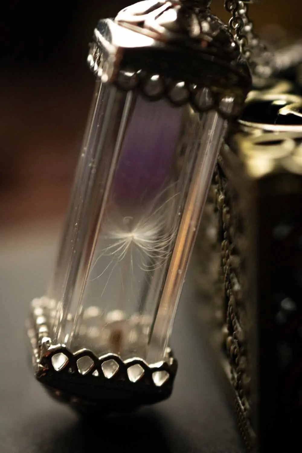 Pendentif Fiole de Skye en verre avec aigrette de pissenlit lunamanashop