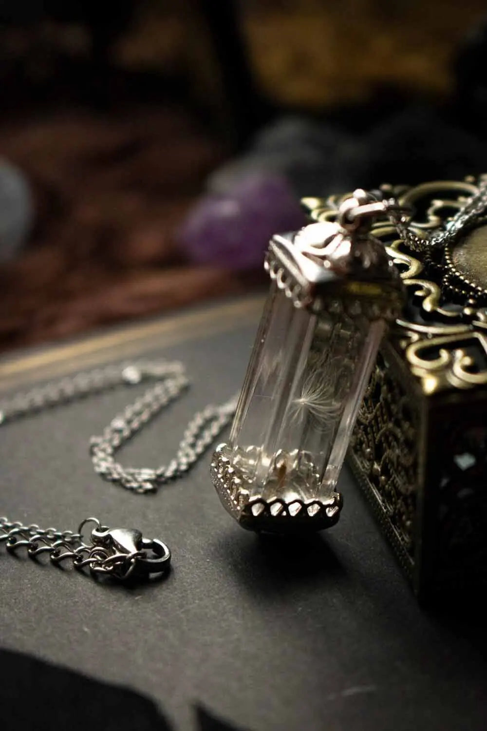 Pendentif Fiole de Skye en verre avec aigrette de pissenlit lunamanashop