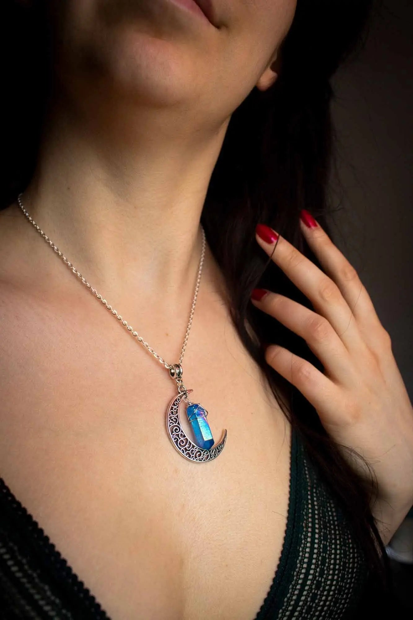 Pendentif Lune et Cristal de Quartz Coloré lunamanashop