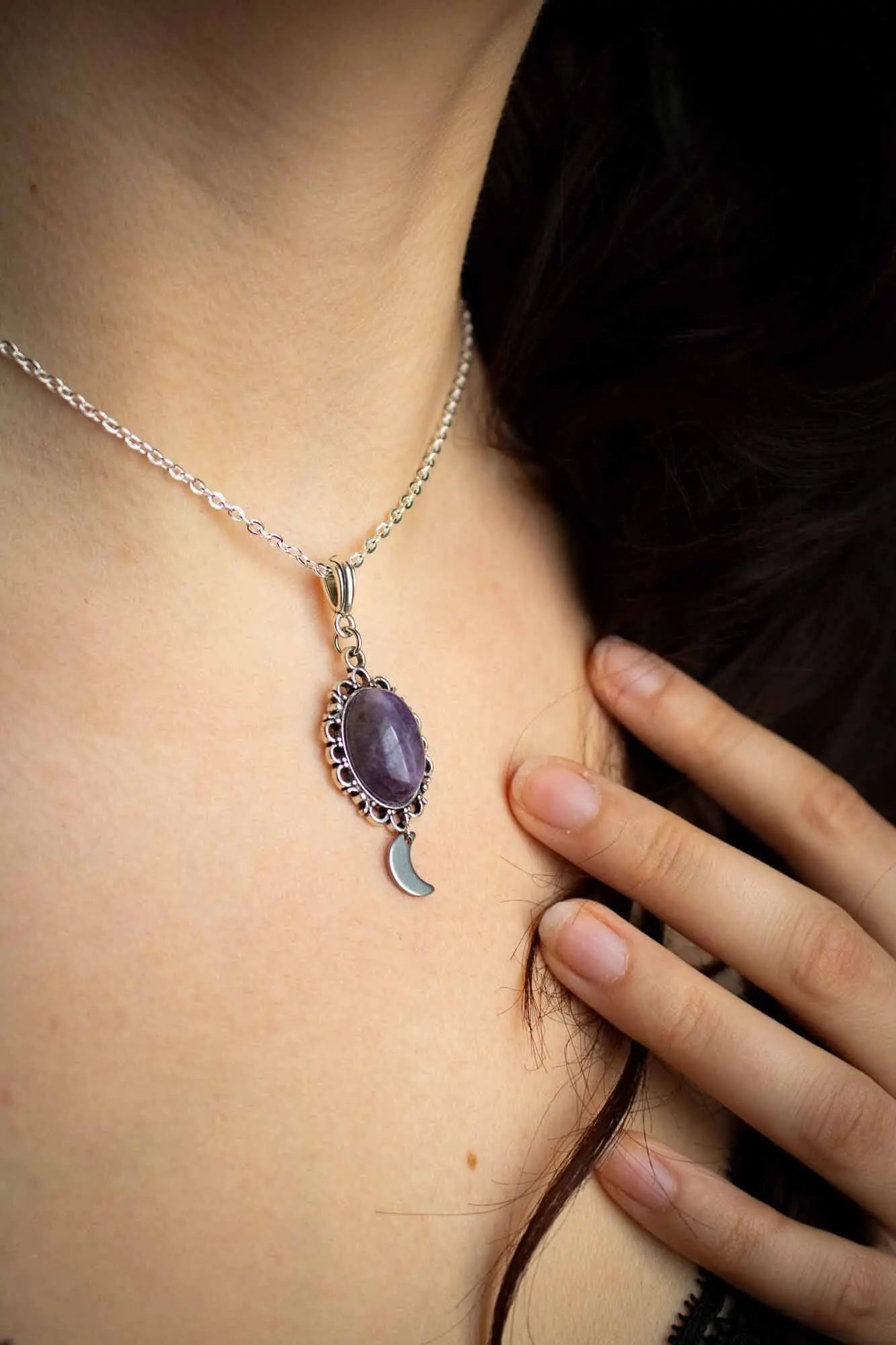 Pendentif ancien lune et améthyste lunamanashop