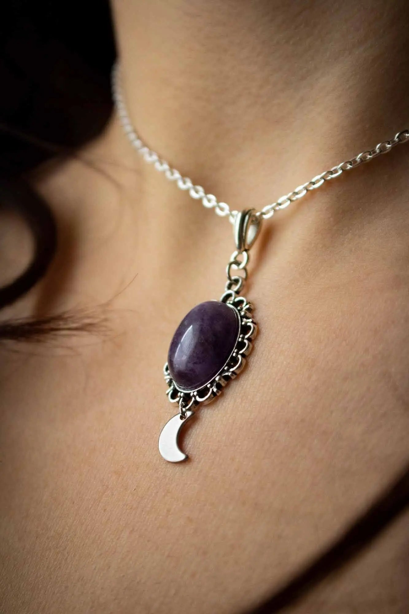 Pendentif ancien lune et améthyste lunamanashop