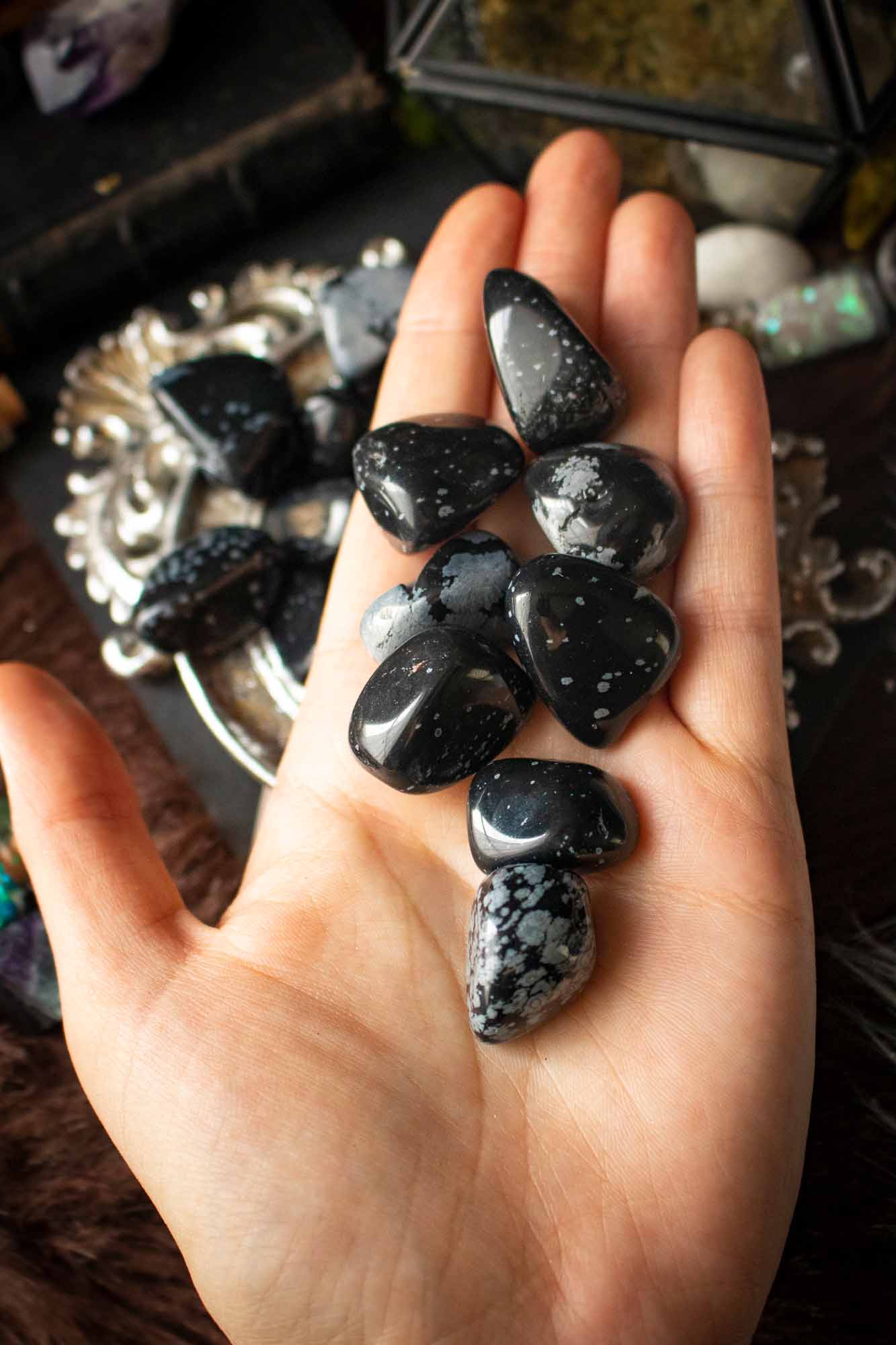 Pierre roulée Obsidienne flocon de neige lunamanashop