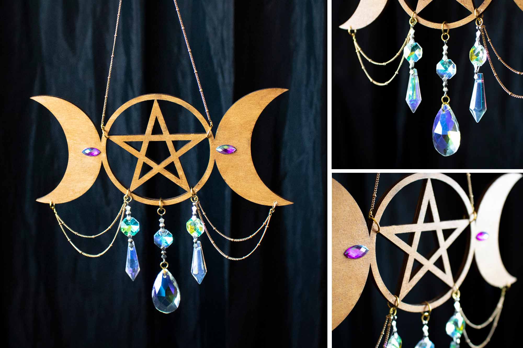 Suspension triple Lune Sun catcher "Aube" avec prisme en verre lunamanashop