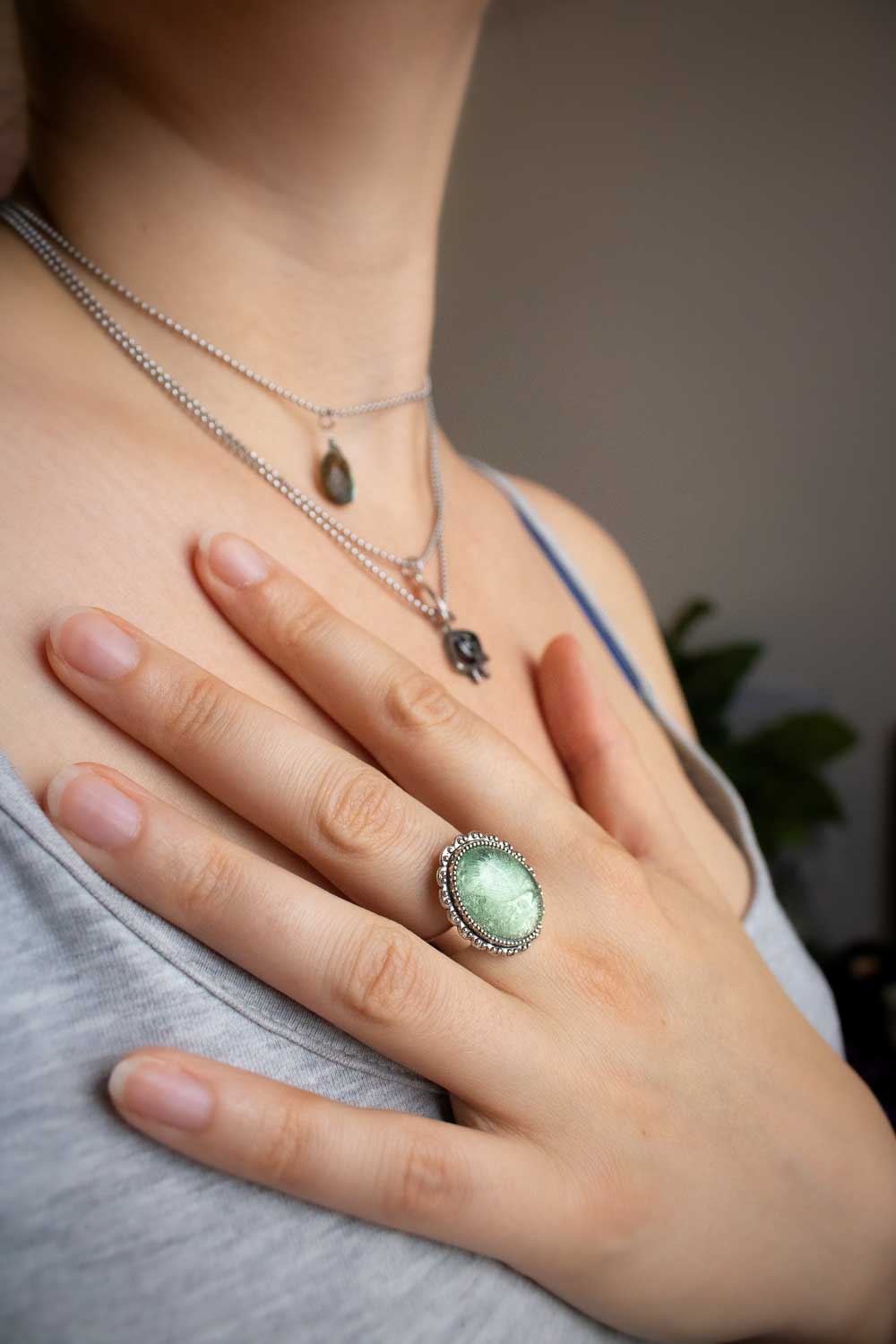 Bague fluorite verte argentée - Anneau réglable ovale - Florentine lunamanashop