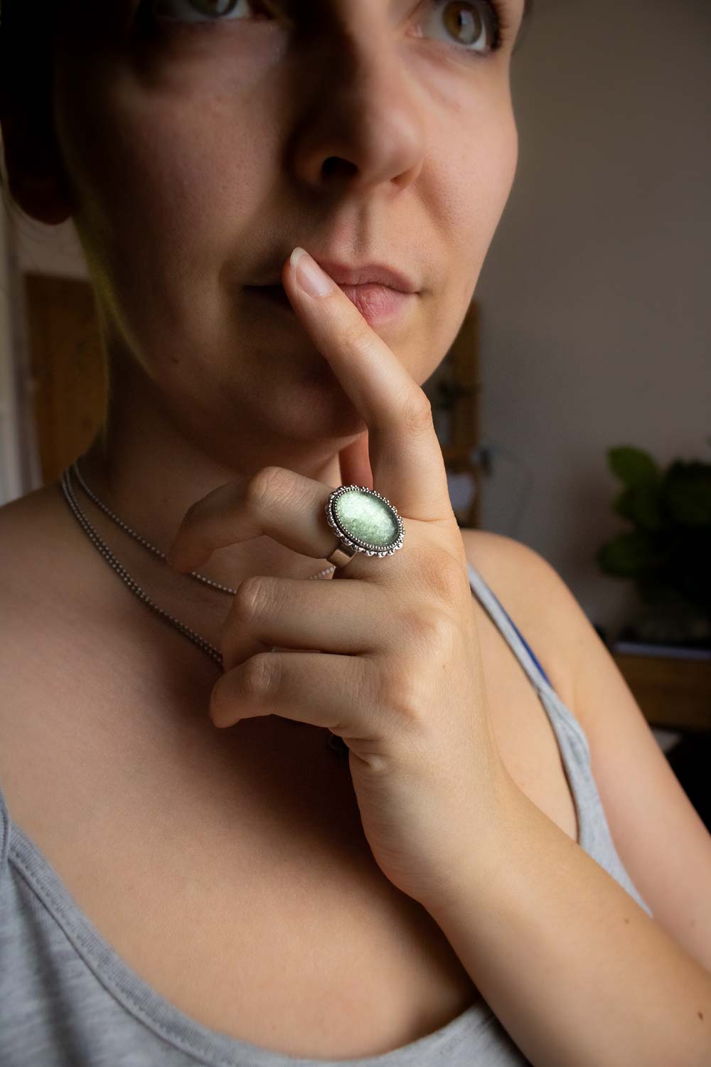 Bague fluorite verte argentée - Anneau réglable ovale - Florentine lunamanashop