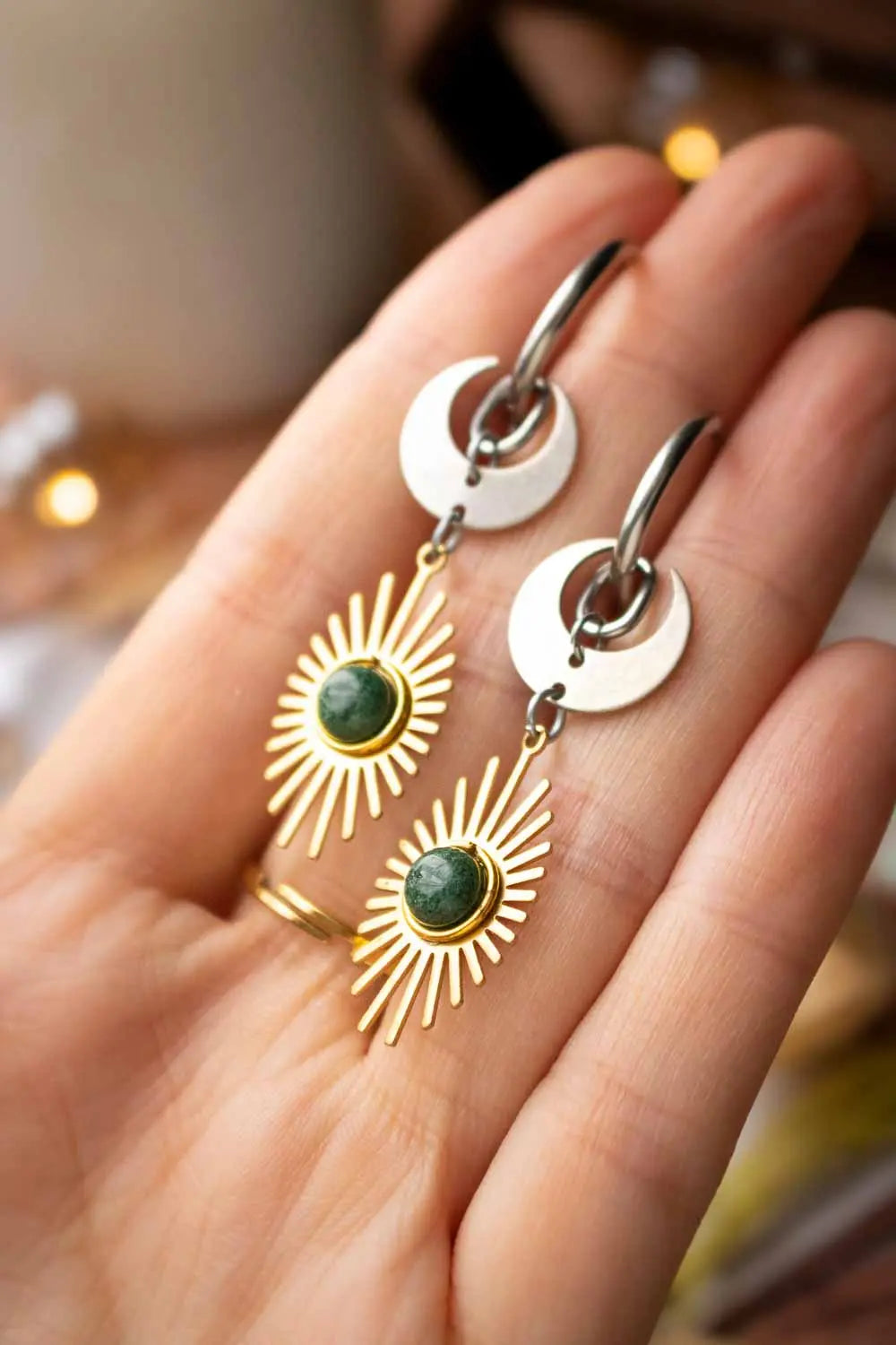 Boucles d'oreilles Éclipse végétale - Agate indienne verte et astres lunamanashop