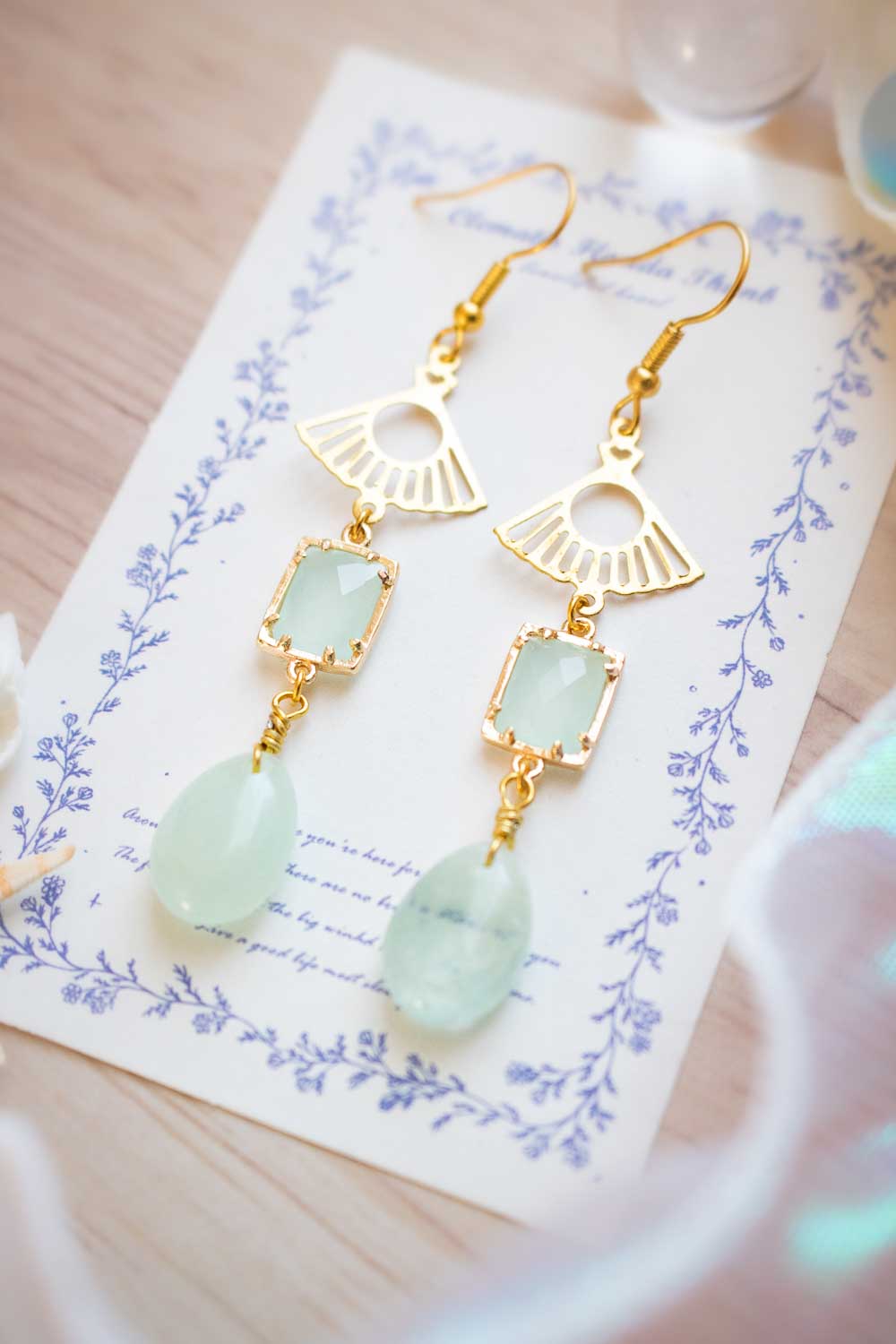 Boucles d'Oreilles Aigue-Marine Bleue - Eventail doré - Océalis lunamanashop