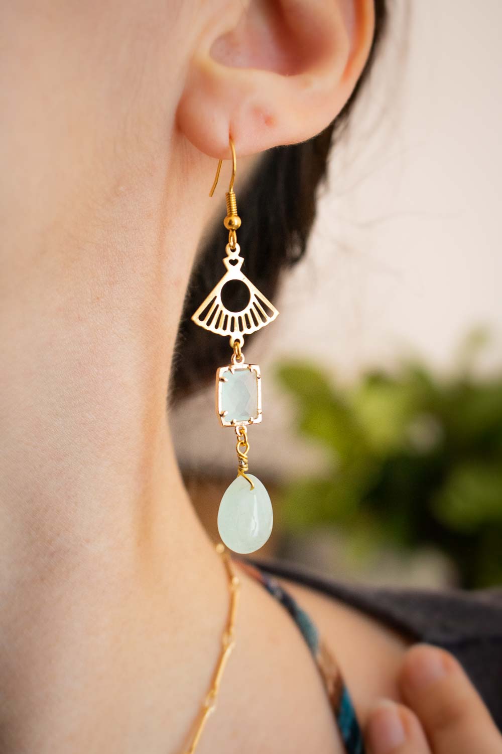 Boucles d'Oreilles Aigue-Marine Bleue - Eventail doré - Océalis lunamanashop
