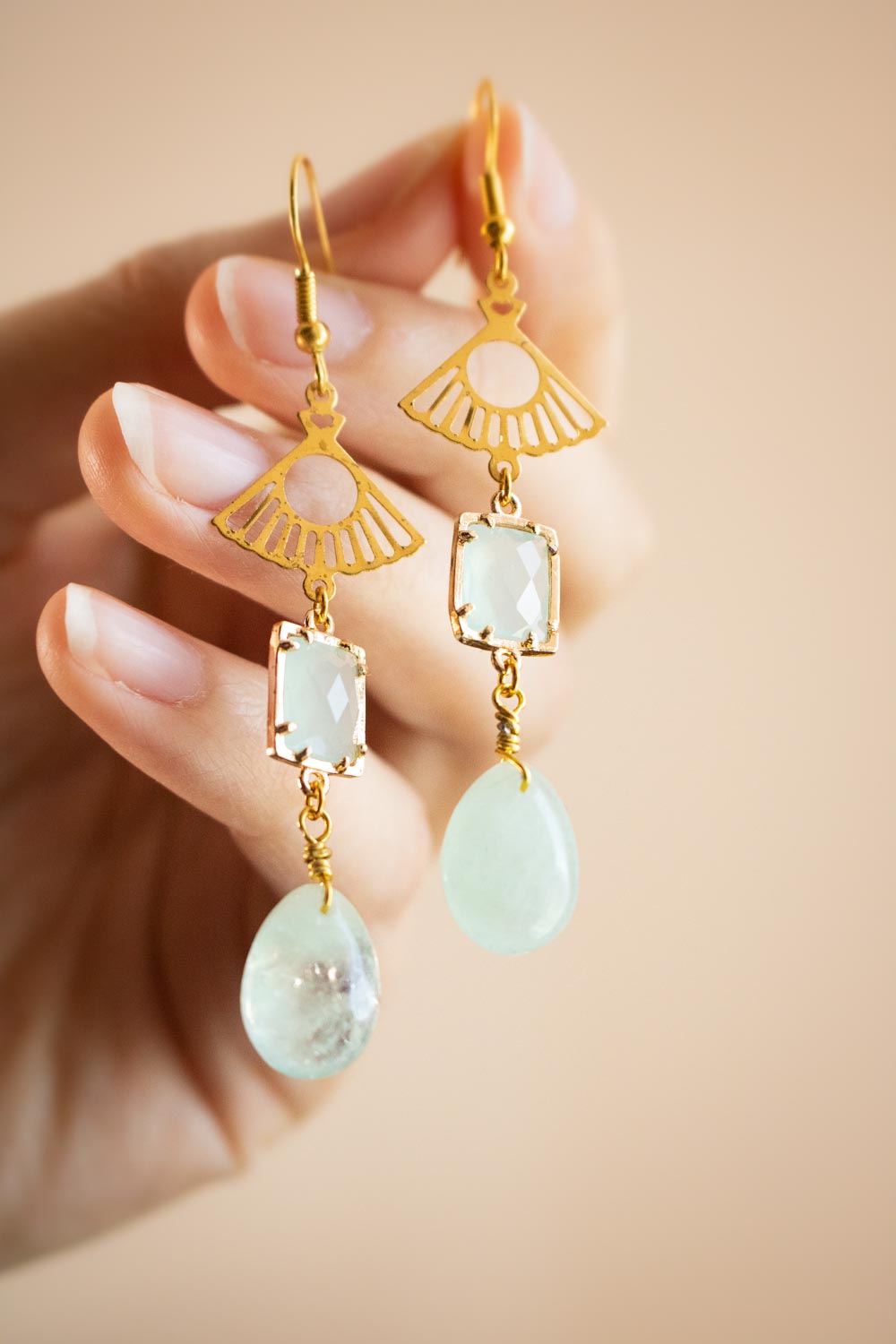 Boucles d'Oreilles Aigue-Marine Bleue - Eventail doré - Océalis lunamanashop