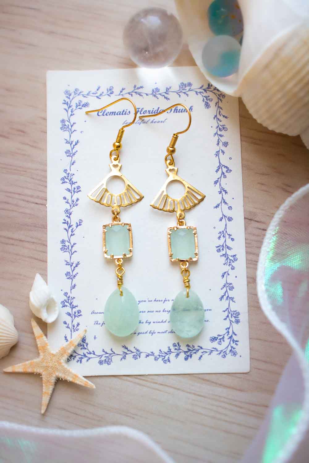Boucles d'Oreilles Aigue-Marine Bleue - Eventail doré - Océalis lunamanashop