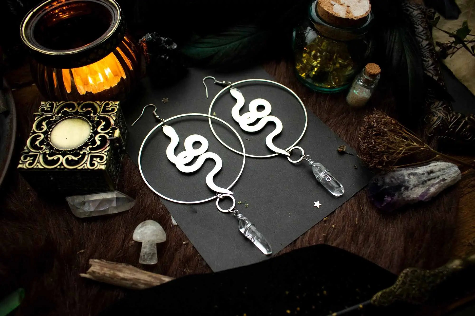 Boucles d'oreille Serpentine avec anneaux et serpents argentés lunamanashop