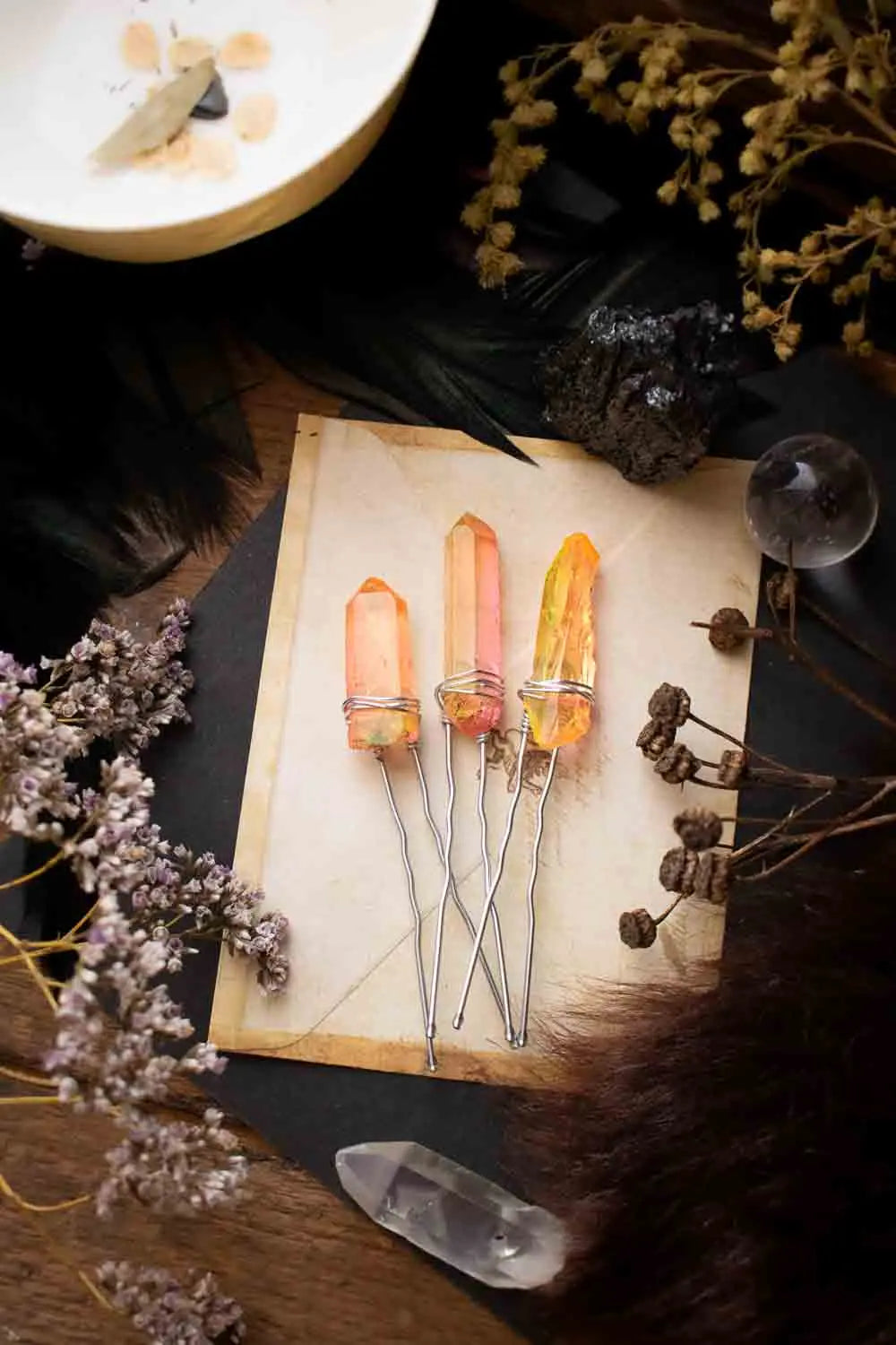 Épingle à cheveux Amy orange et rose en pointe de quartz lunamanashop