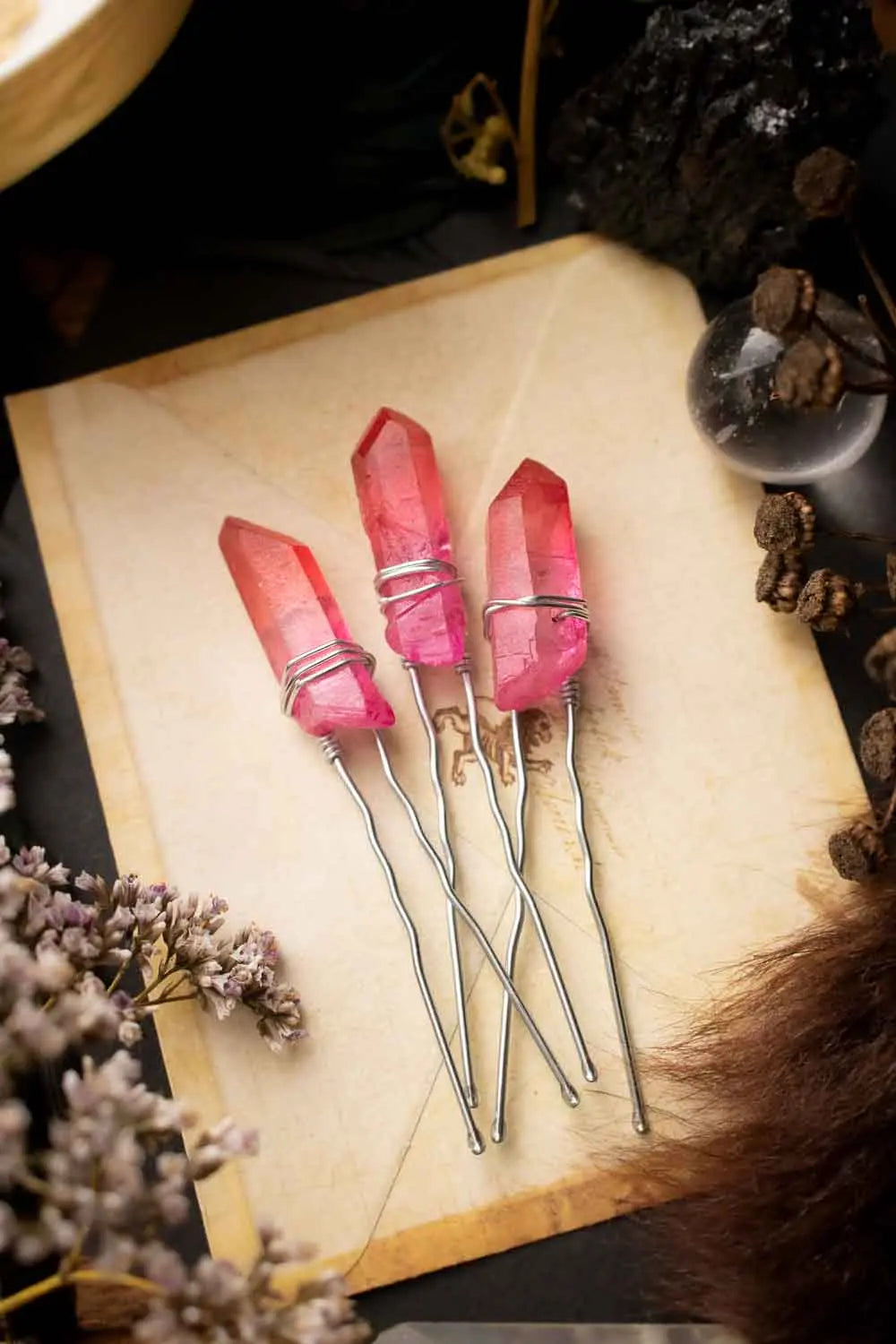 Épingle à cheveux Amy rose en pointe de quartz lunamanashop