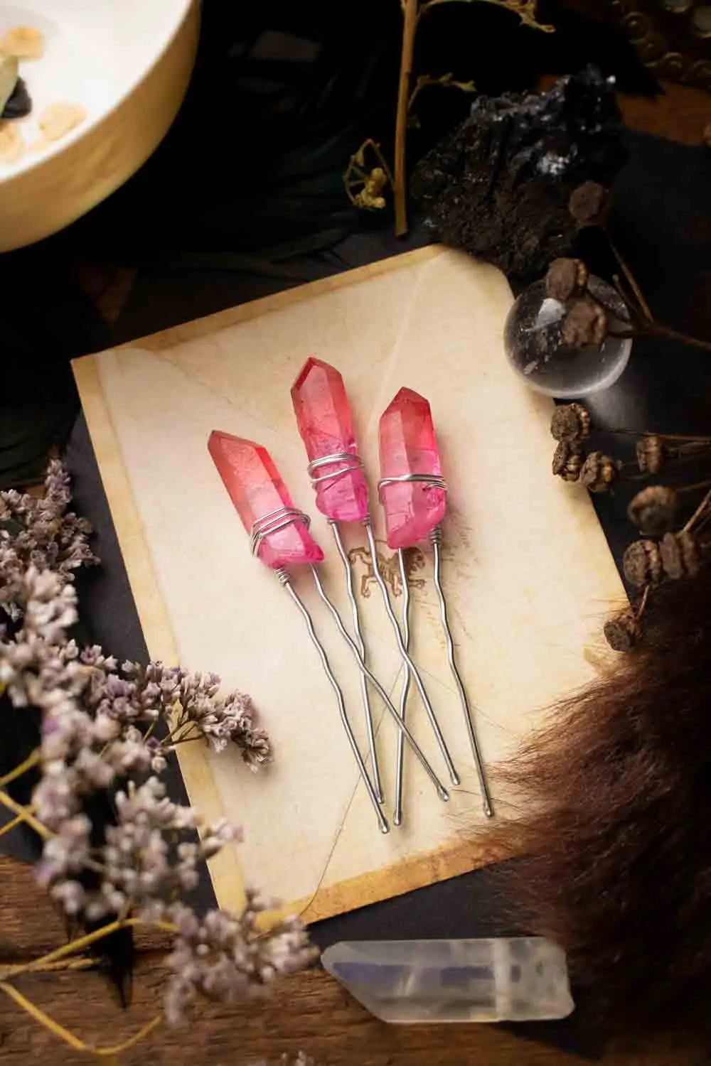Épingle à cheveux Amy rose en pointe de quartz lunamanashop