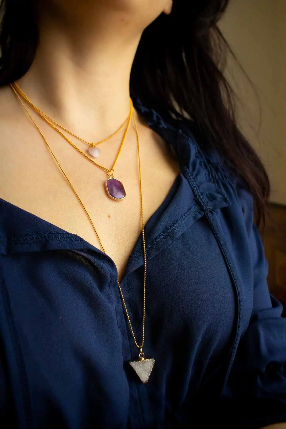 Pendentif Quartz Rose Aletha et chaîne laiton doré lunamanashop