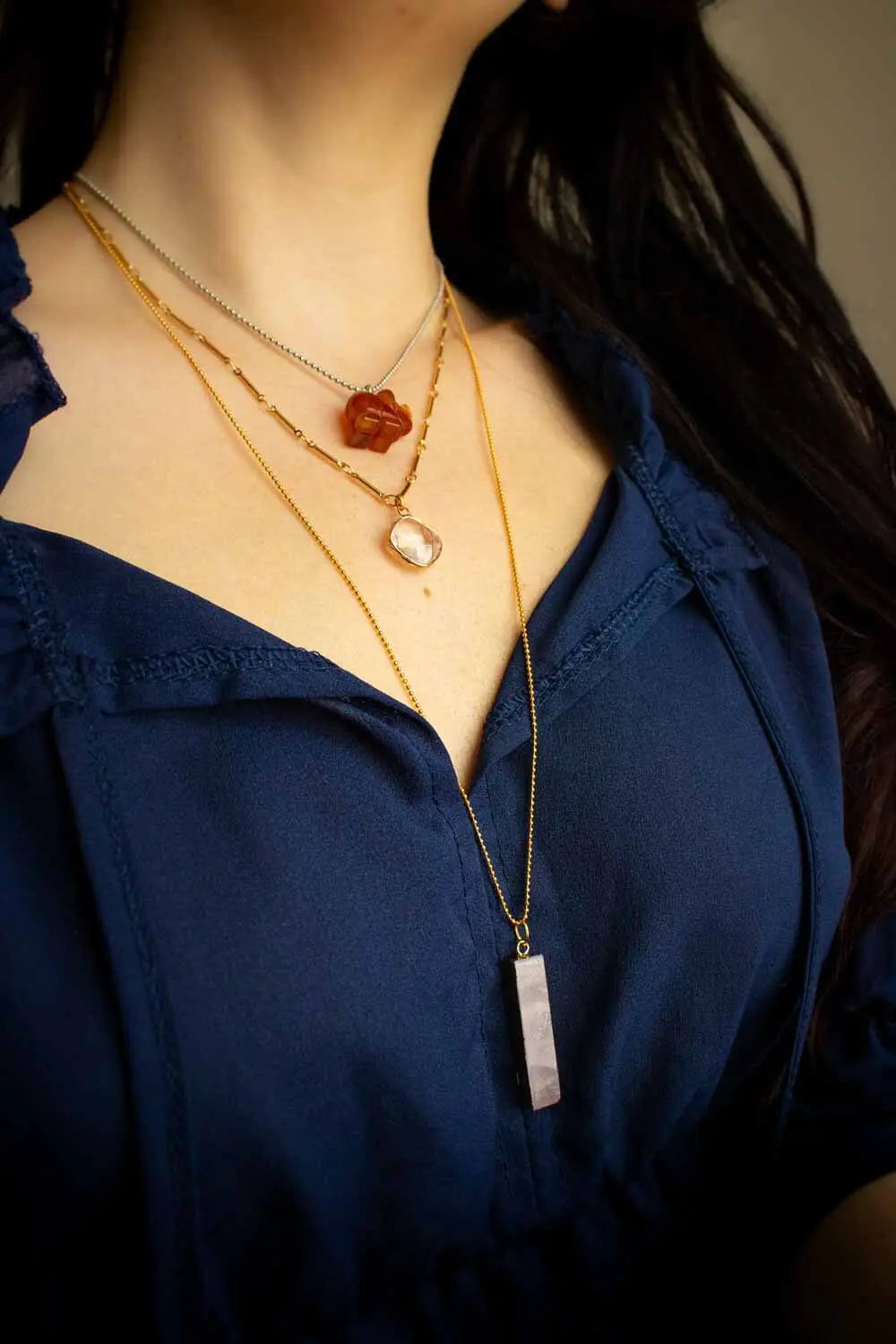Pendentif Quartz Rose Grace chaîne laiton doré lunamanashop