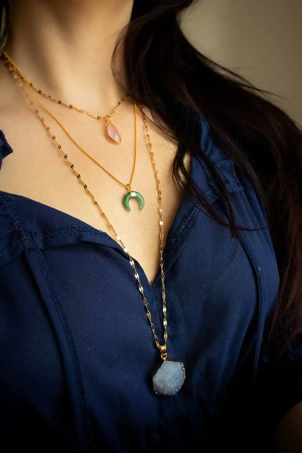 Pendentif Aventurine verte Greenta et chaîne en laiton doré lunamanashop