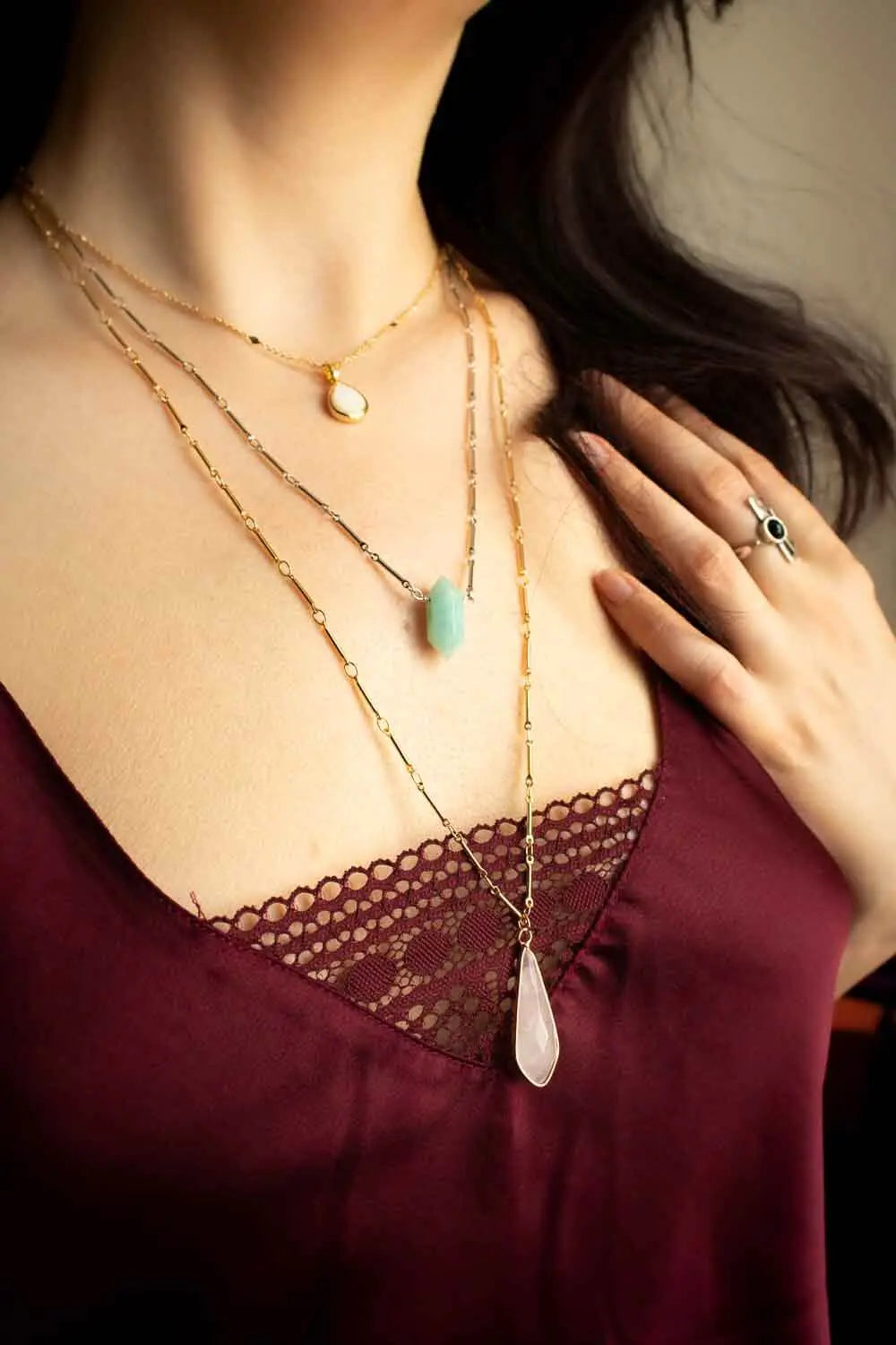 Pendentif Chandrelle prisme en amazonite et chaîne en laiton argenté lunamanashop