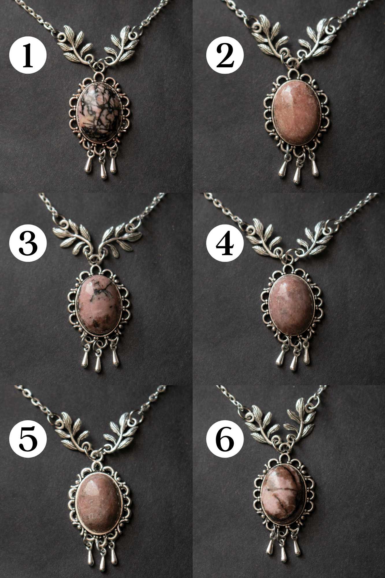 Pendentif ancien Douceur figée en Rhodonite rose et noire - lunamanashop