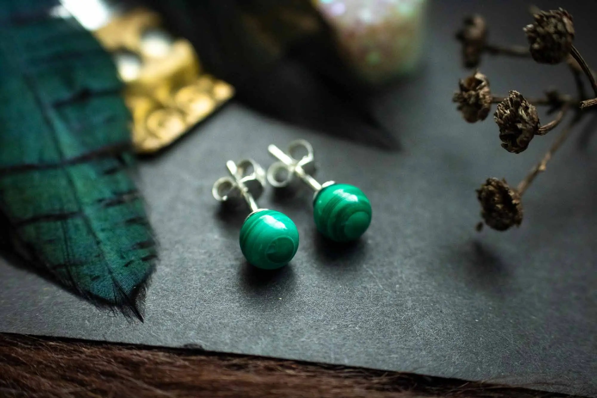 Boucles d'oreilles puce en Malachite verte et argent 925 - lunamanashop