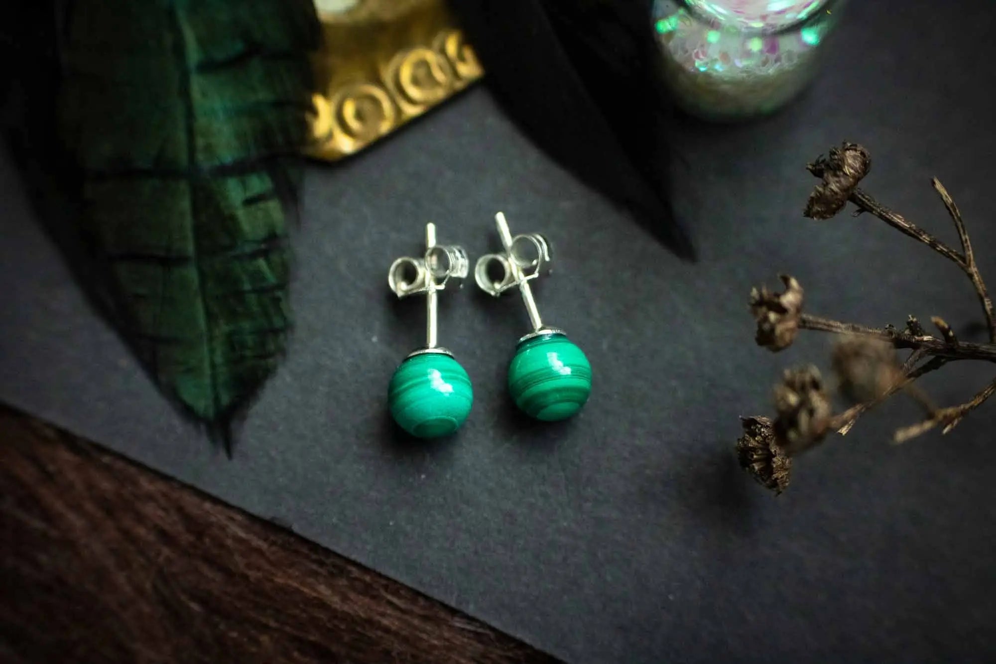 Boucles d'oreilles puce en Malachite verte et argent 925 - lunamanashop