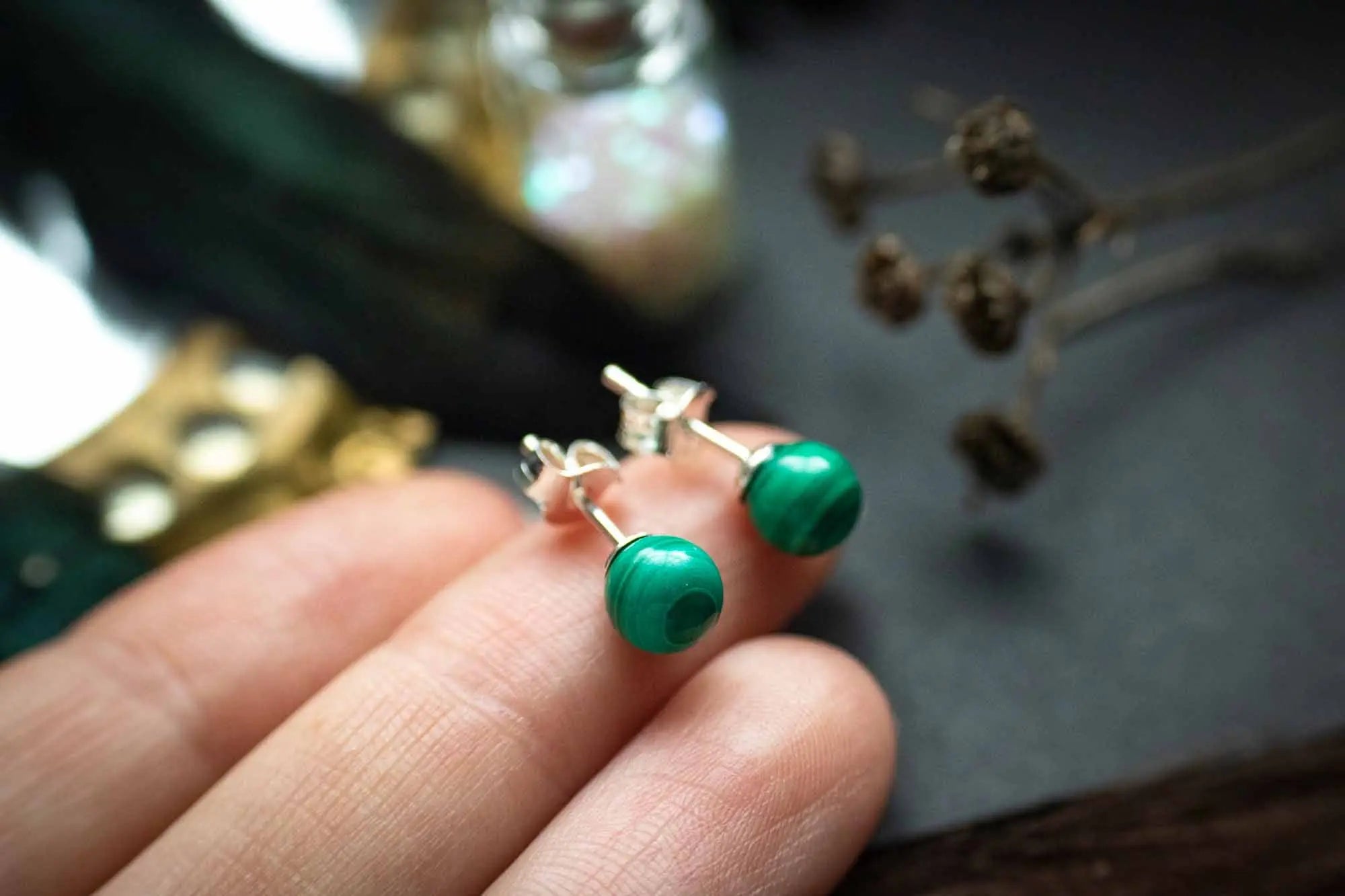 Boucles d'oreilles puce en Malachite verte et argent 925 - lunamanashop