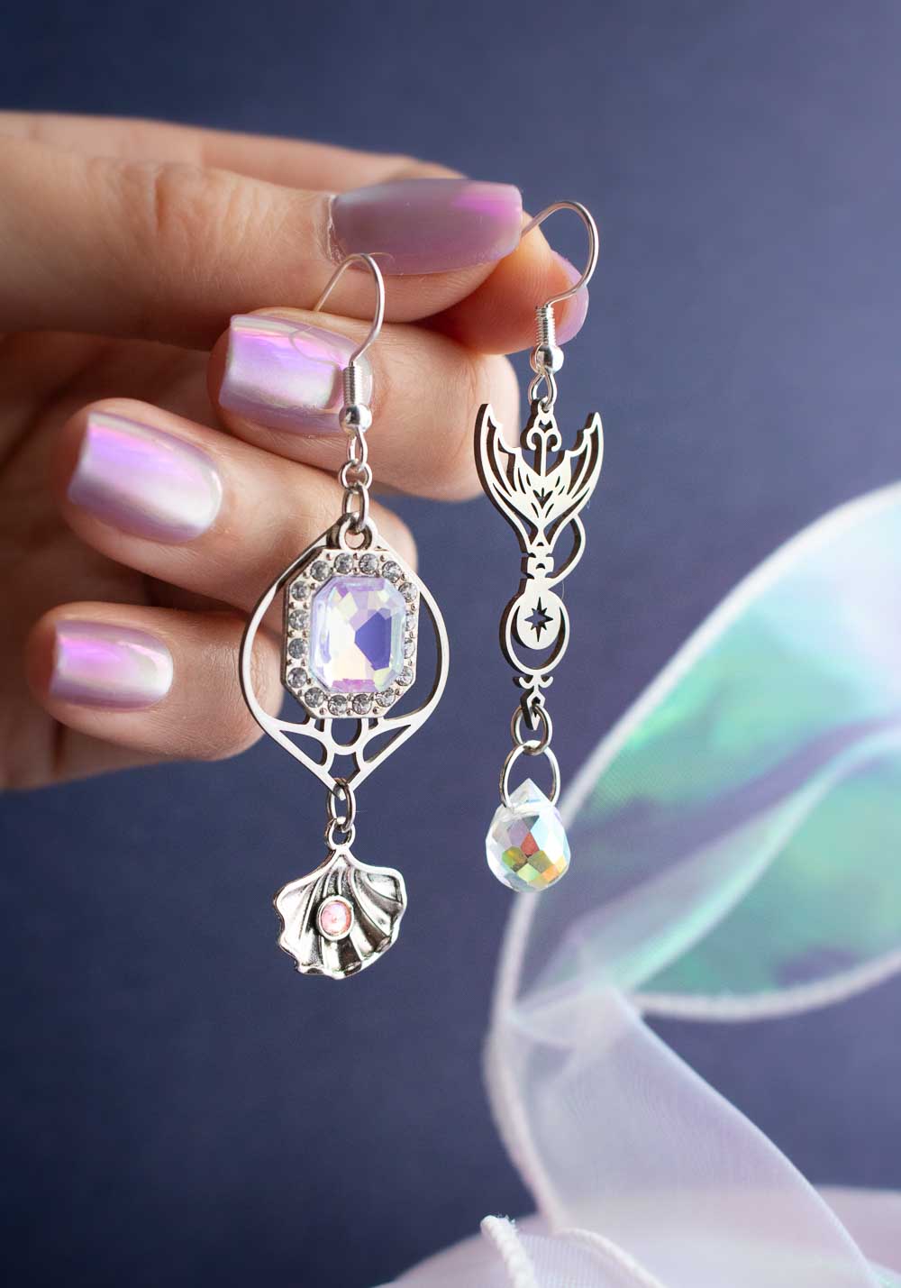 Boucles d'oreilles Mélusine - Sirène et strass violet lunamanashop