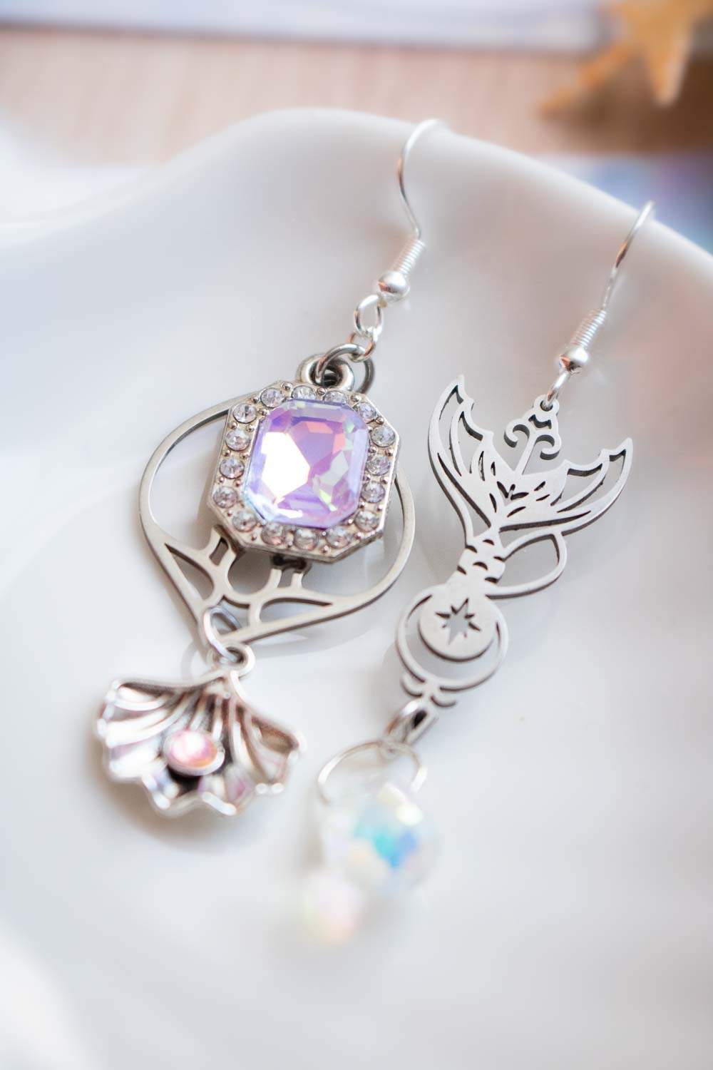 Boucles d'oreilles Mélusine - Sirène et strass violet lunamanashop