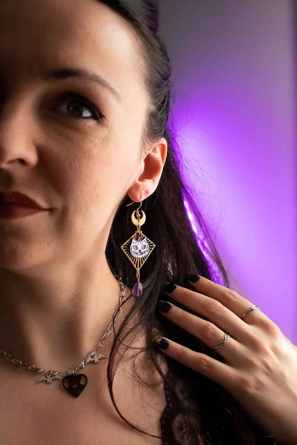 Boucles d'oreilles Miaulement des ombres avec améthyste lunamanashop