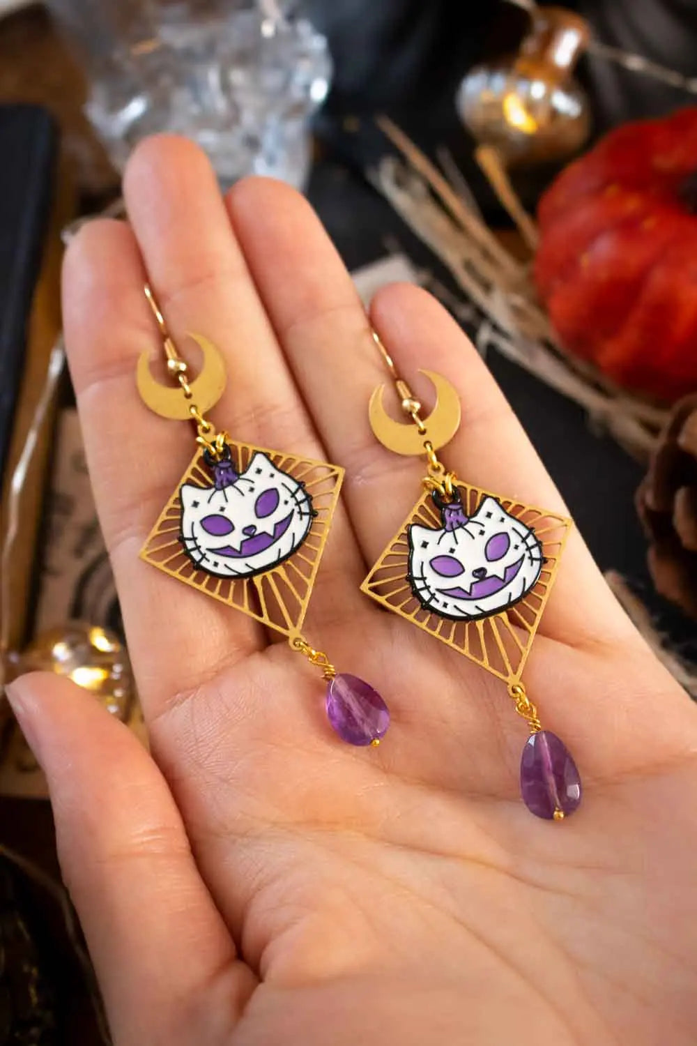 Boucles d'oreilles Miaulement des ombres avec améthyste lunamanashop