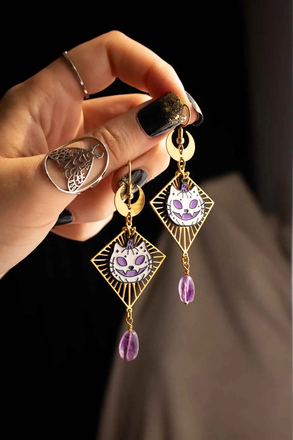 Boucles d'oreilles Miaulement des ombres avec améthyste lunamanashop