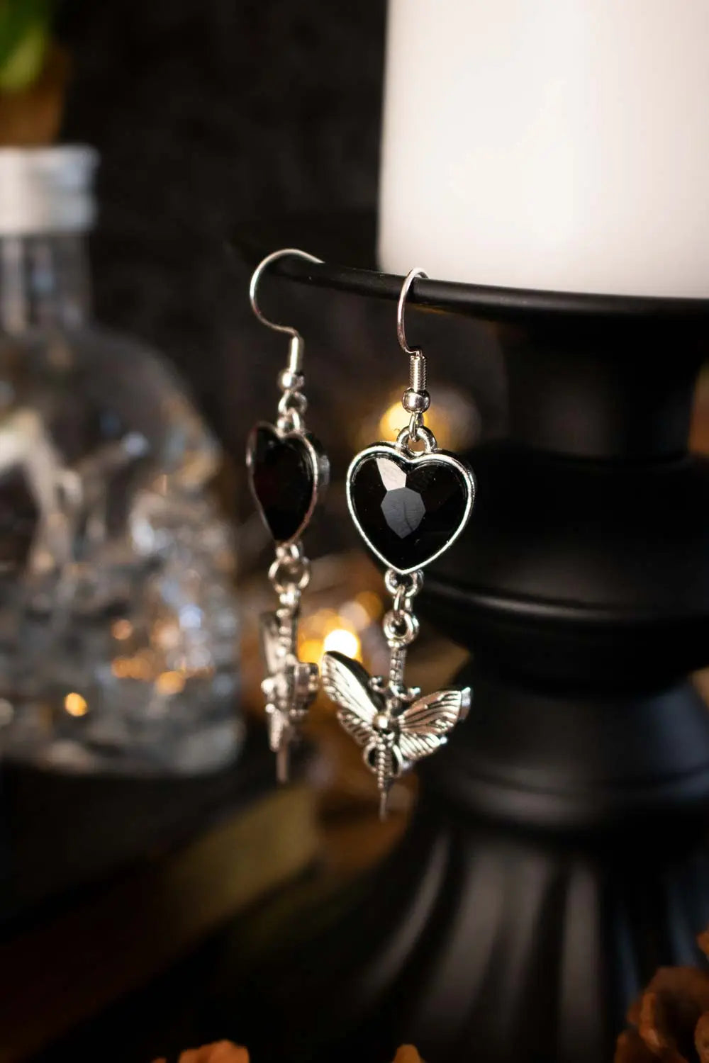 Boucles d'oreilles Cristal funeste avec cœur noir lunamanashop