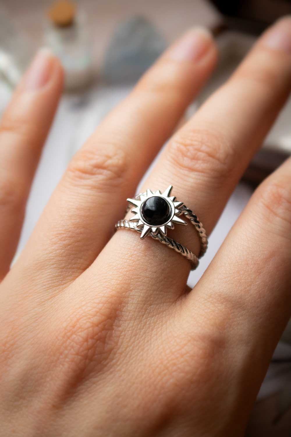 Bague Soleil en Agate noire - Double anneau argenté - Tanka lunamanashop
