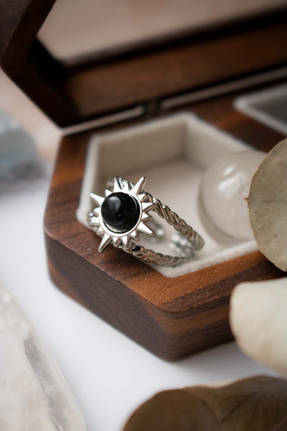 Bague Soleil en Agate noire - Double anneau argenté - Tanka lunamanashop