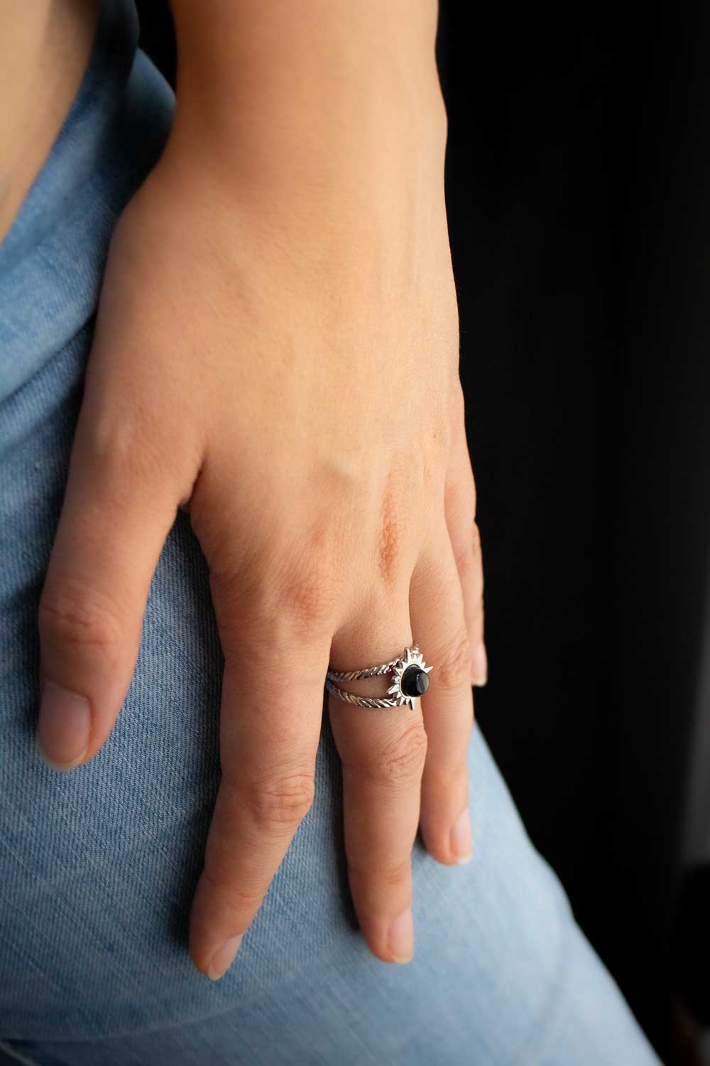 Bague Soleil en Agate noire - Double anneau argenté - Tanka lunamanashop