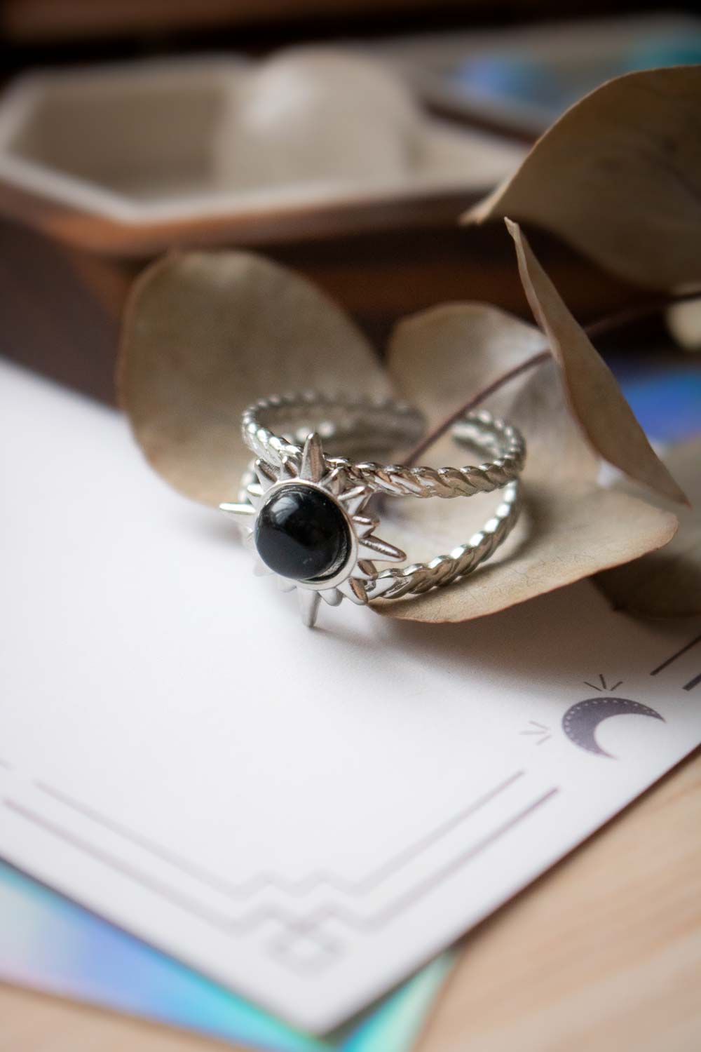 Bague Soleil en Agate noire - Double anneau argenté - Tanka lunamanashop