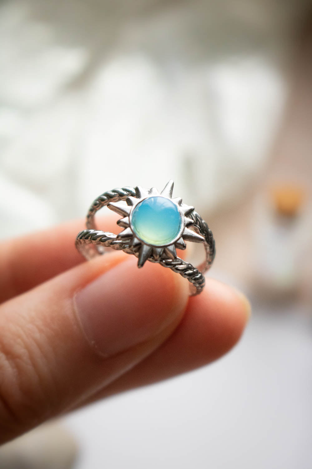 Bague Soleil en Calcédoine bleue - Double anneau argenté - Silène lunamanashop