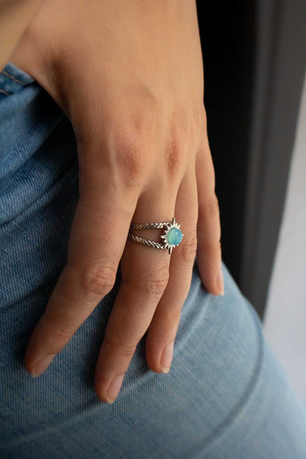 Bague Soleil en Calcédoine bleue - Double anneau argenté - Silène lunamanashop