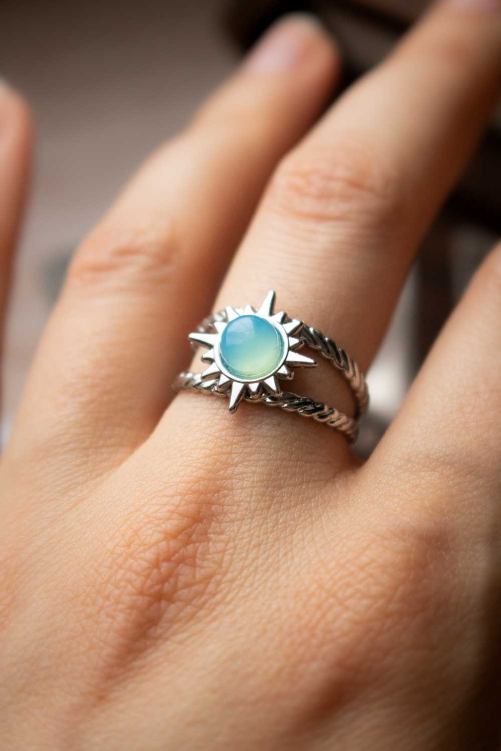 Bague Soleil en Calcédoine bleue - Double anneau argenté - Silène lunamanashop