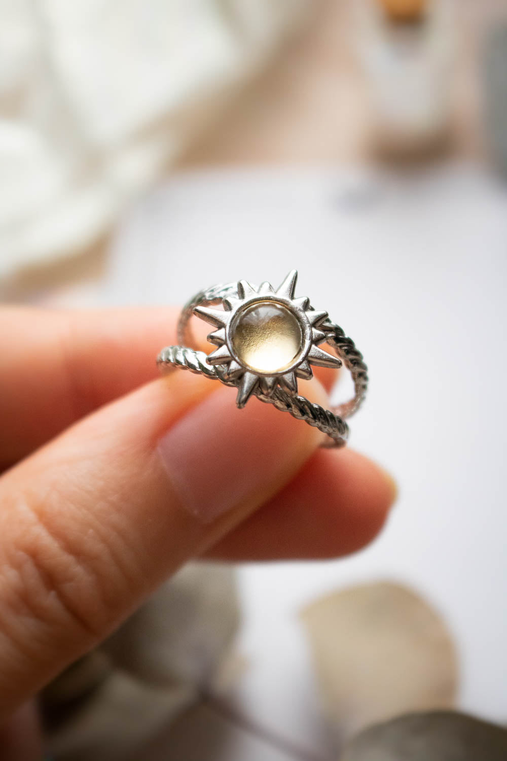 Bague Soleil en citrine à double anneau - Acier argenté - Lamia lunamanashop