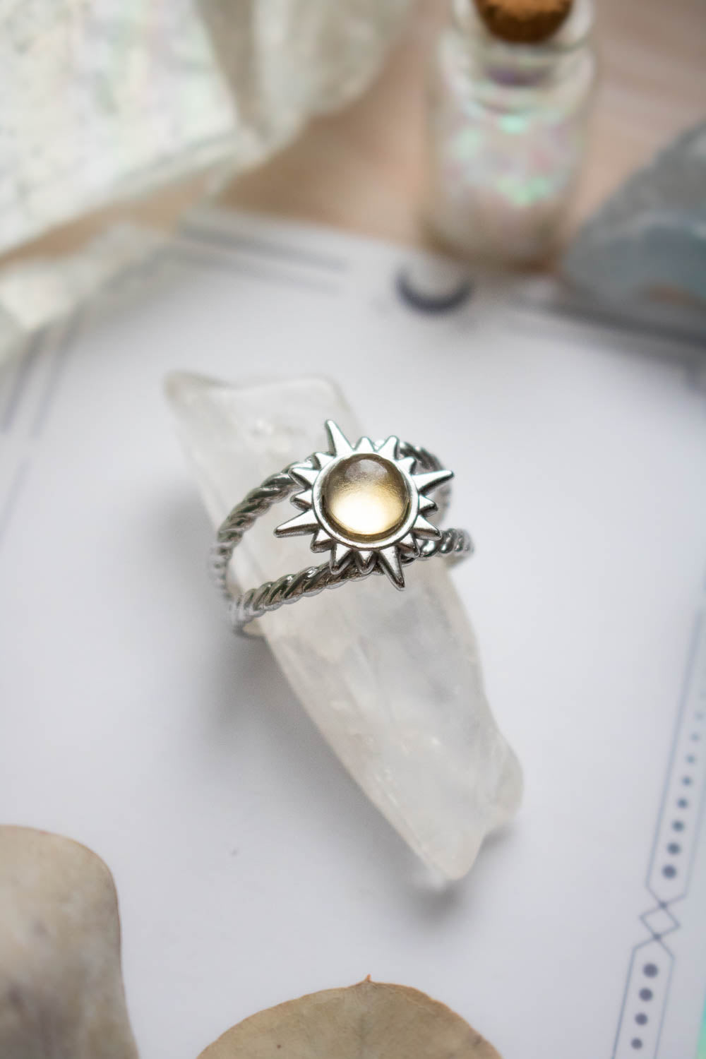 Bague Soleil en citrine à double anneau - Acier argenté - Lamia lunamanashop