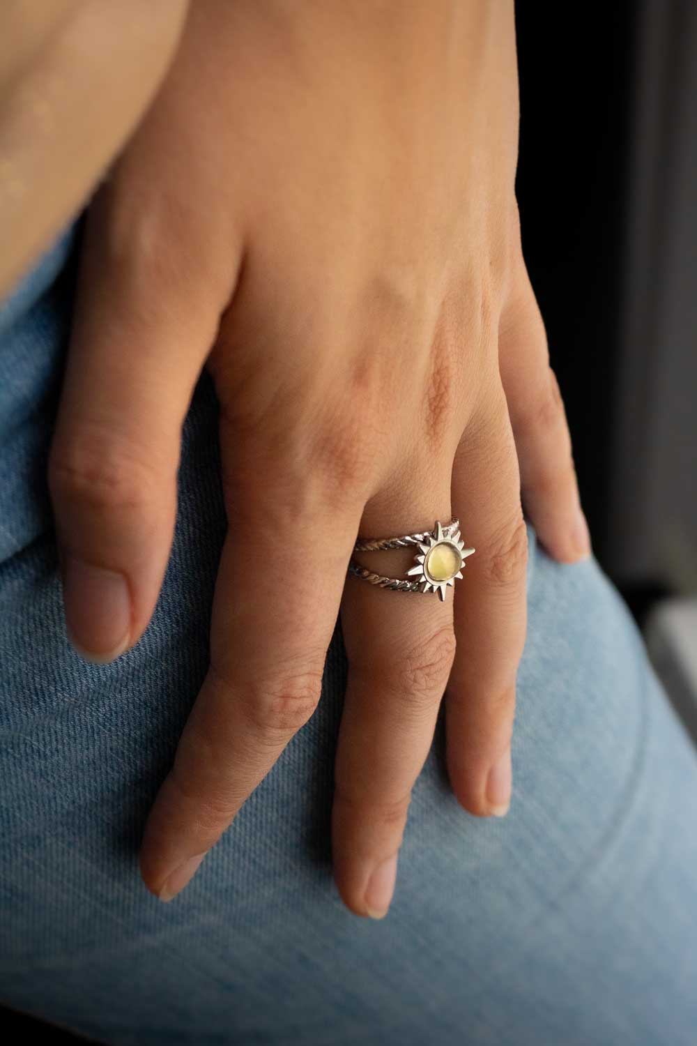 Bague Soleil en citrine à double anneau - Acier argenté - Lamia lunamanashop