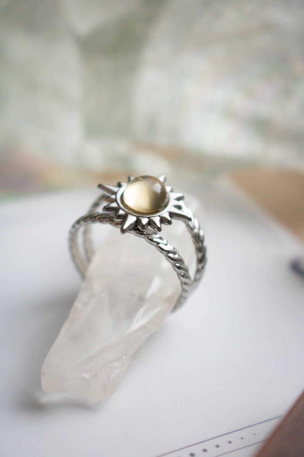 Bague Soleil en citrine à double anneau - Acier argenté - Lamia lunamanashop