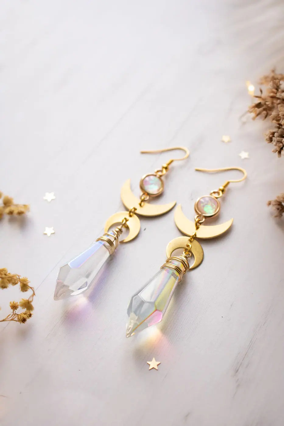 Boucles d&#39;oreilles lune et prisme de verre Prismara - lunamanashop